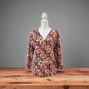 Rafaella Multicolor V-neck Long Sleeve‎ Pullover Top XL Partial Front Zip VGC